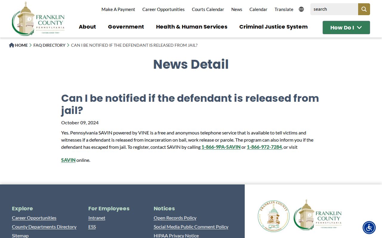 Franklin County PA SAVIN release notification information for Fulton County inmate checks